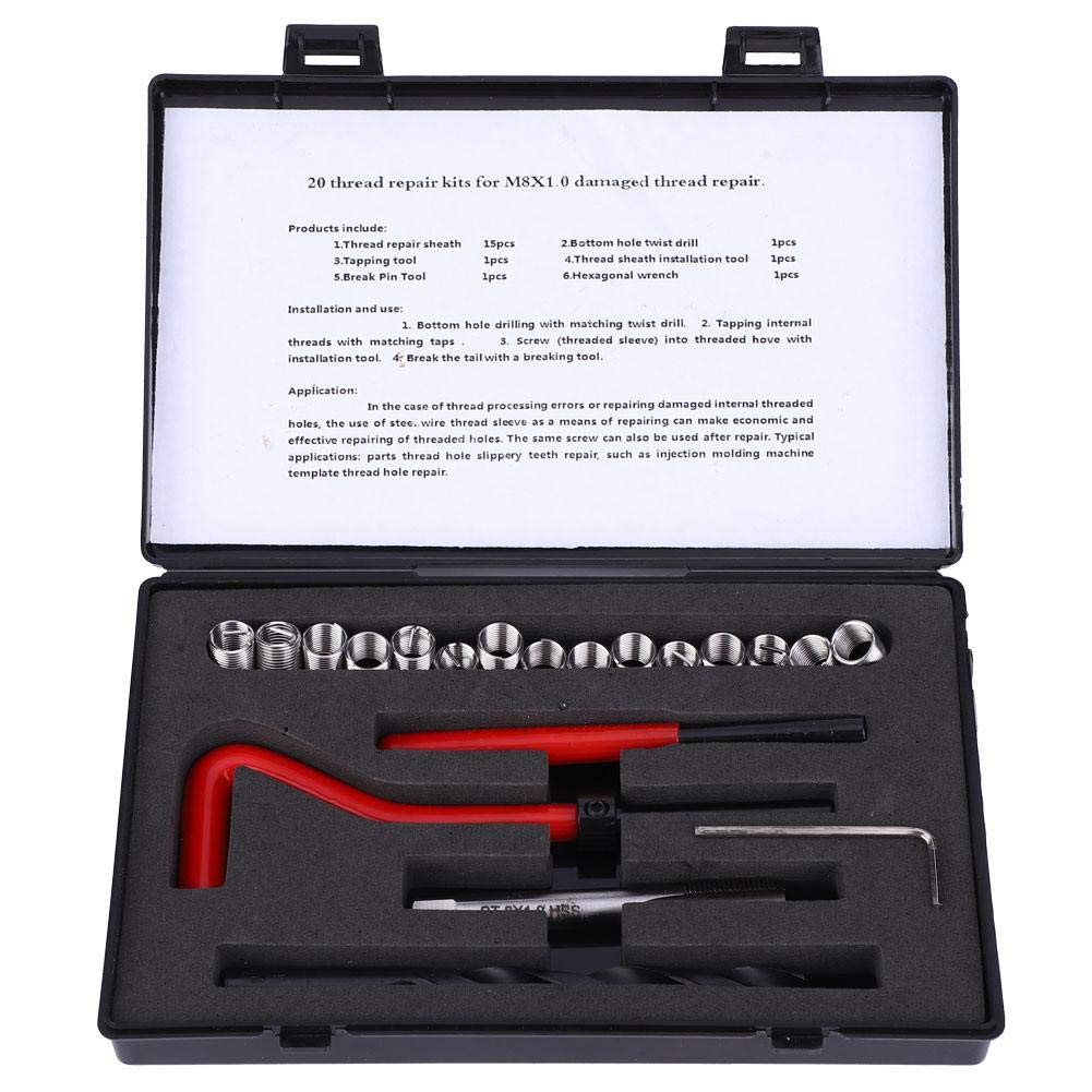 20Pcs Thread Repair Kit, Stainless Steel M8x1 Rethreading Tap Set for Female Thread Repairing Accessory Assortment Kit, Sturdy and Durable for Auto Parts, Air Separation Equipment, Radiators, etc