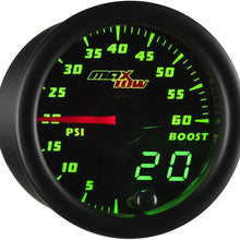 MaxTow Double Vision 60 PSI Turbo Boost Gauge Kit - Includes Electronic Pressure Sensor - Black Gauge Face - Green LED Illuminated Dial - Analog & Digital Readouts - for Diesel Trucks - 2-1/16" 52mm