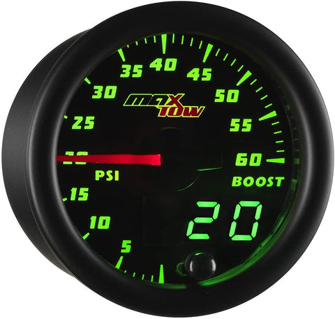 MaxTow Double Vision 60 PSI Turbo Boost Gauge Kit - Includes Electronic Pressure Sensor - Black Gauge Face - Green LED Illuminated Dial - Analog & Digital Readouts - for Diesel Trucks - 2-1/16