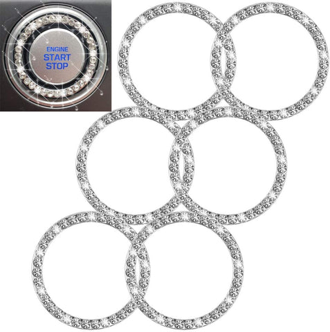 4PCS Crystal Rhinestone Universal Stem Covers with 2Pcs Car Decor Crystal Rhinestone Bling Sticker Emblem Ring for Car Engine Ignition Button Key & Knobs, Unique Gift (Silver)