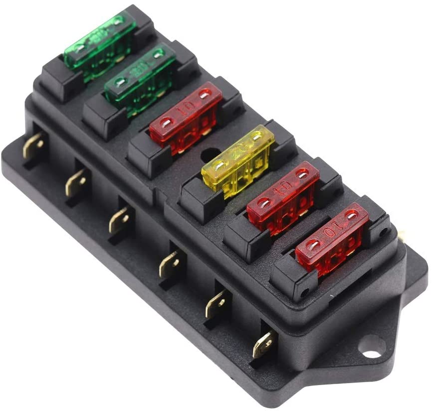 Circuit Standard 6 Way ATO Blade Fuse Box Plastic Cover DC 12V/24V Car Fuse Block Holder with 6pcs 3A-30A Fuses for Auto Car