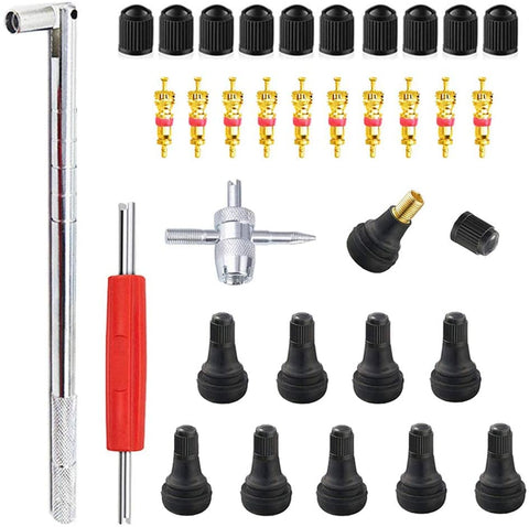 ZHSMS Tyre Valve Stem Puller Tools Set with 10 Pcs TR412 Snap-in Valve Stems with Valve Stem Cores, 1 Pcs Dual Single Head Valve Core Remover 1 Pcs 4-Way Valve Tool