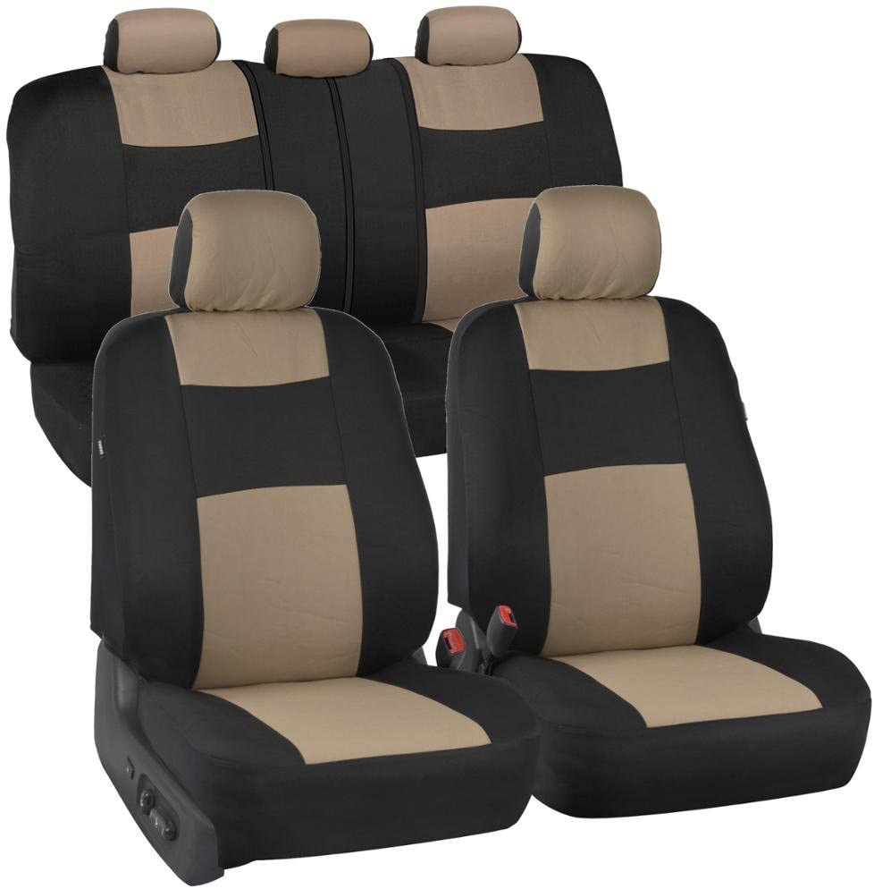 BDK PolyPro Car Seat Covers, Full Set in Beige on Black – Front and Rear Split Bench Protection, Easy Install with Two-Tone Accent, Universal Fit for Auto Truck Van SUV