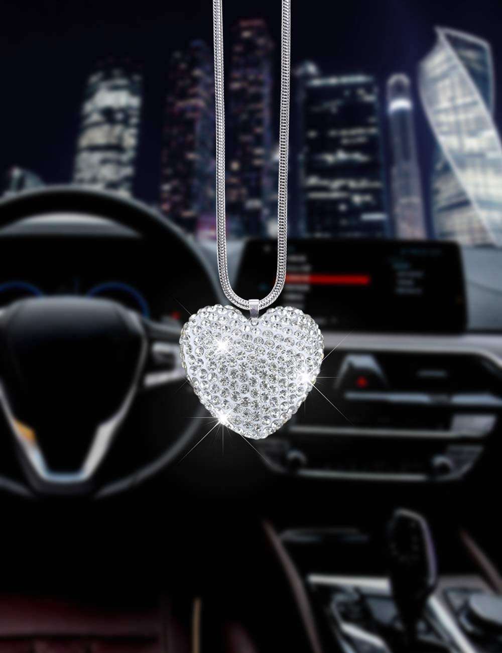 Clear Bling Car Rear View Mirror pendant White Crystal Heart-shaped Prism Hanging Car Home Decoration Suncatcher Car intertior Accessories for Women Car (Diamond Heart-shaped)