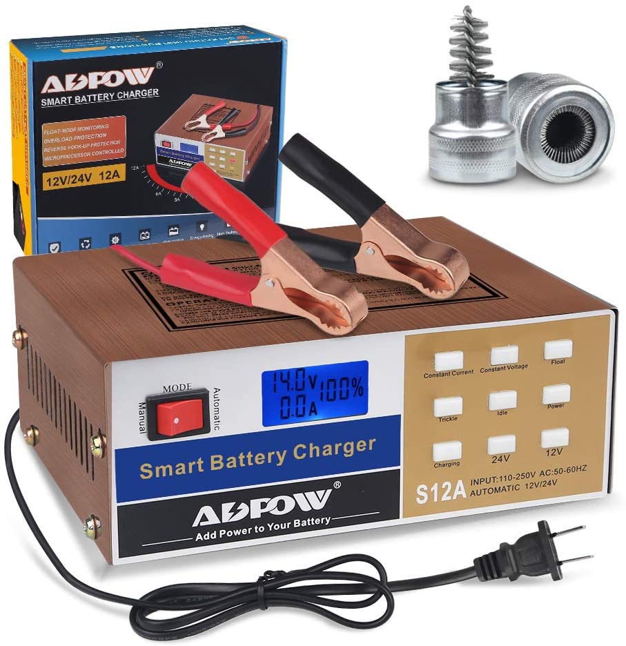 ADPOW Automotive Battery Charger 12V 24V 10A Automatic Smart Battery Maintainer Intelligent Pulse Repair for Boat Marine Truck Lawn Mower Deep Cycle Battery with Terminal Clean Brush