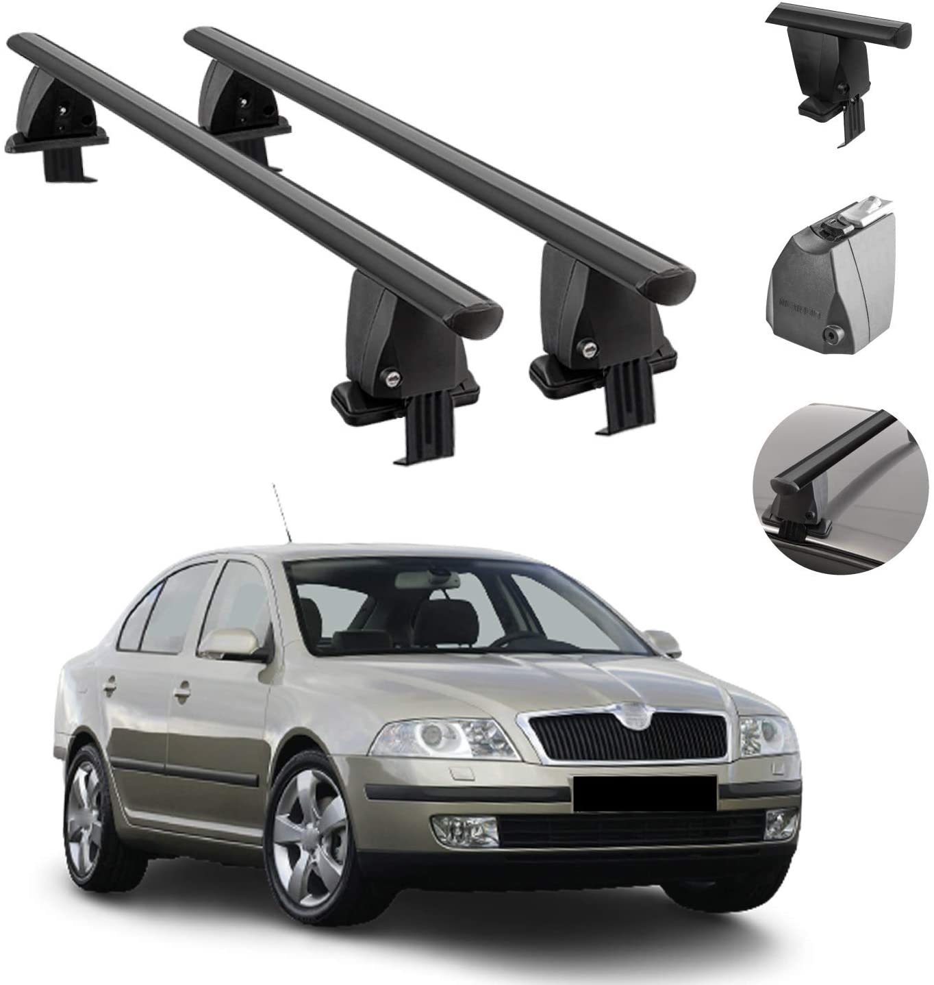 Roof Rack Cross Bars Lockable Luggage Carrier Smooth Roof Cars | Fits Skoda Octavia Sedan 2004-2008 Black Aluminum Cargo Carrier Rooftop Bars | Automotive Exterior Accessories