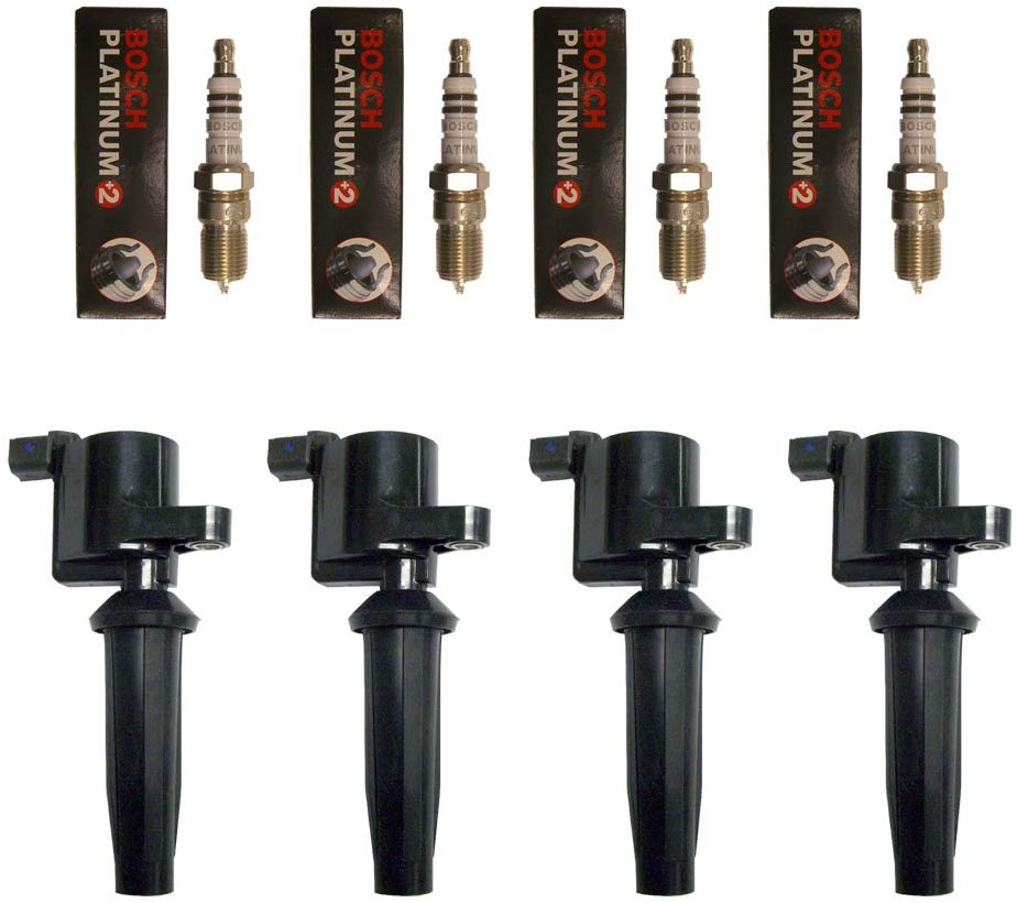 Set of (4) Bosch Pre-Gapped Spark Plugs 4304 + (4) Ignition Coils For Ford Mazda & Mercury