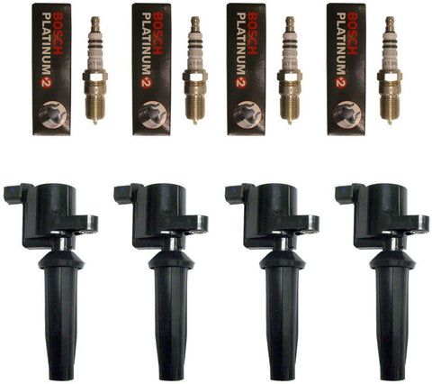 Set of (4) Bosch Pre-Gapped Spark Plugs 4304 + (4) Ignition Coils For Ford Mazda & Mercury