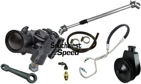SOUTHWEST SPEED POWER STEERING CONVERSION KIT,COMPATIBLE WITH 76-86 JEEP CJ5 CJ7,20:1 GEAR BOX,1400 SERIES POWER STEERING PUMP,V-BELT PULLEY,PITMAN ARM,TELESCOPING STEERING SHAFT,LINES,HOSES,FITTINGS