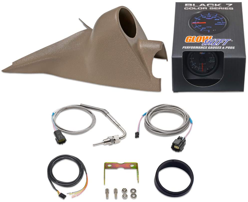 GlowShift Gauge Diesel Gauge Package for 2003-2007 Ford Super Duty 6.0L Power Stroke - Black 7 Color 1500° F Pyrometer EGT Gauge - Tan Single Gauge Pillar Pod with Grab Handle Cutout