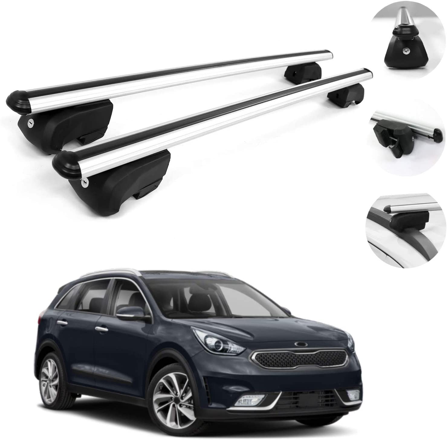 OMAC Automotive Exterior Accessories Roof Rack Crossbars | Aluminum Silver Roof Top Cargo Racks | Luggage Ski Kayak Bike Carriers Set 2 Pcs | Fits Kia NIRO 2017-2021