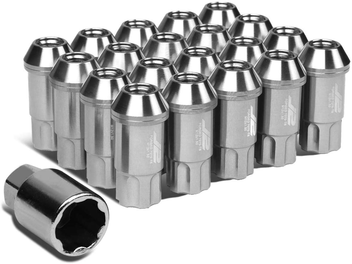 J2 Engineering 7075 Forged Aluminum M12X1.5 20Pcs 50mm Long Open End Lug Nut Set w/Turner (Silver)