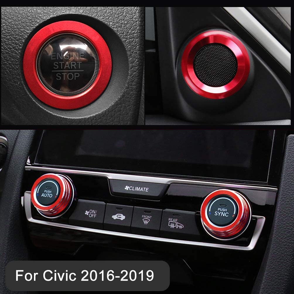 Aluminum Audio Speaker Engine Ignition Air Condition AC Switch Buttons Ring Sticker Decoration Trim for Honda Civic 10th Gen 2016-2019(Full Set)