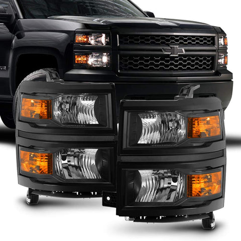 ACANII - For 2014-2015 Chevy Silverado 1500 Pickup Truck Black Housing Headlights Headlamps Assembly Driver & Passenger