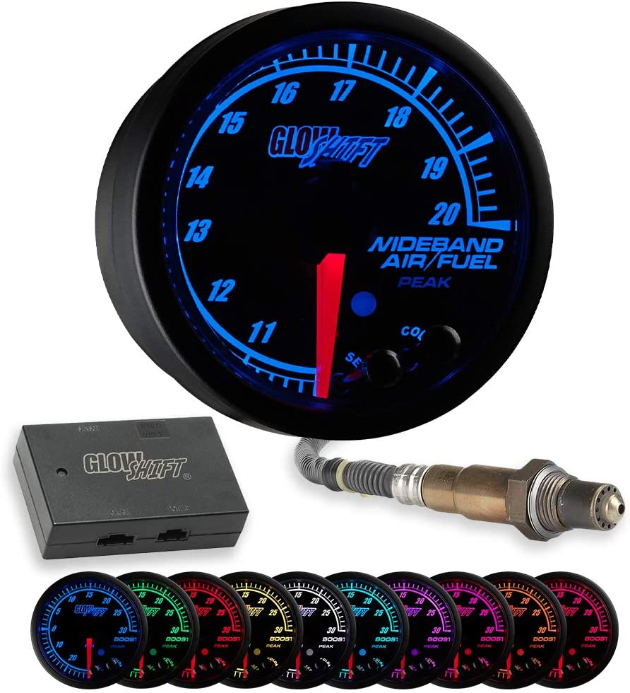 GlowShift Elite 10 Color Wideband Air/Fuel Ratio AFR Gauge Kit - Includes Oxygen Sensor, Data Logging Output & Weld-in Bung - Black Dial - Tinted Lens - Peak Recall - 2-1/16