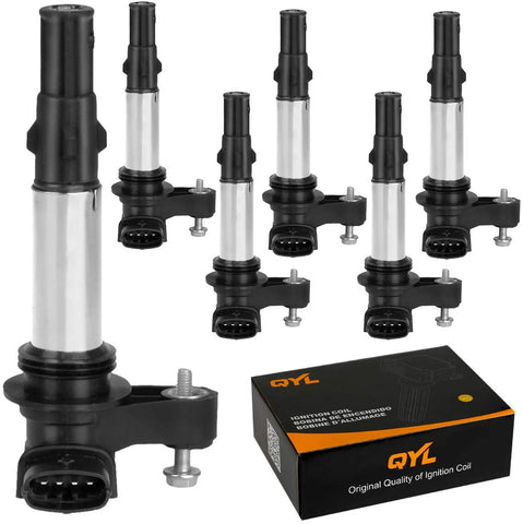 QYL Pack of 6Pcs Ignition Coils Replacement for Buick Allure Lacrosse Rendezvous Cadillac CTS STS SRX Chevy Traverse GMC Acadia Saturn Outlook V6 2.8L 3.6L UF375 D501C 12583514 C1508