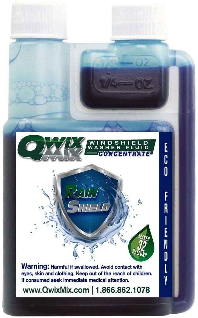 Qwix Mix Rain Shield Windshield Washer Fluid Concentrate, 1 Bottle Makes 32 Gallons, 1/4 oz. Makes 1 Gallon – Repels Rain, Prevents Bugs & Grime, Superior Commercial Grade Glass Cleaner, Single