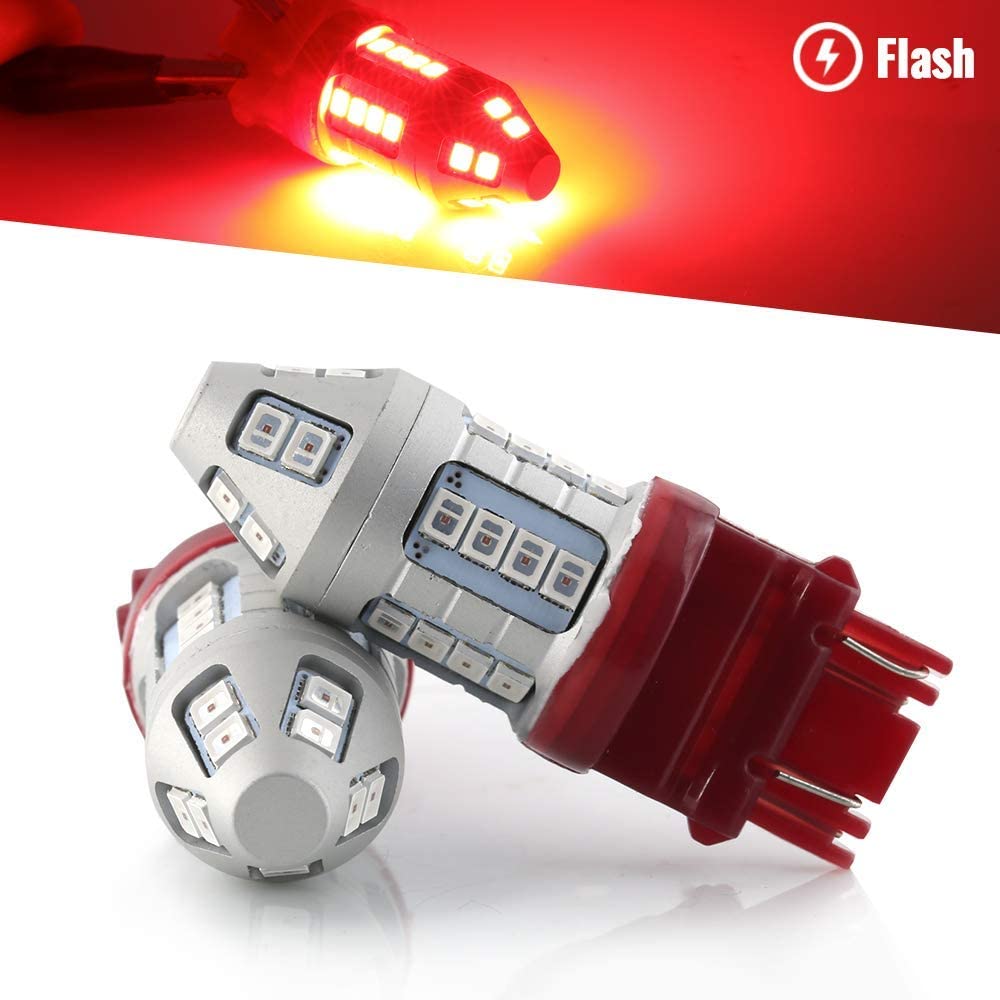 Syneticusa Red Flashing Strobe Blinking Rear Alert Safety Brake Tail Stop High Power LED Light Bulbs (3157)