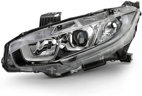 [For 2016-2019 Honda Civic Halogen Models] Driver Side OE-Style Chrome Bezel Projector Headlight Housing Left Headlamp Assembly Replacement