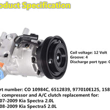 AC Compressor and A/C Clutch, A/C Ports 4 Grooves Replacement for Kia Spectra Spectra5 2.0L 2007 2008 2009 CO 10984C 6512839 977010E125 158350