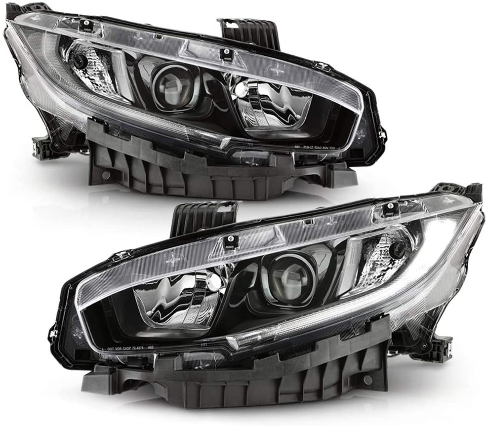 For 2016-2020 Honda Civic Halogen Model Black Housing Projector Headlights Headlamps Assembly Replacement Pair, Driver & Passenger Side