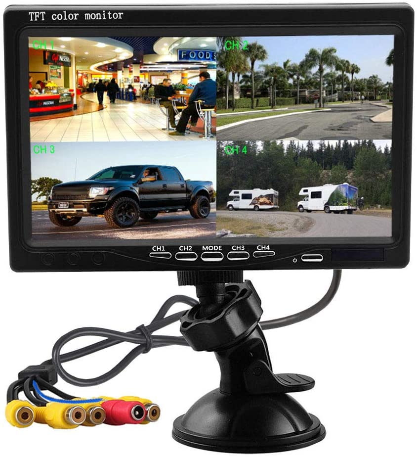 7 Inch HD 4 Split Quad Video Displays Backup Monitor kit LCD Rear View Monitor for Car Backup Camera Kit & Home Surveillance Security System