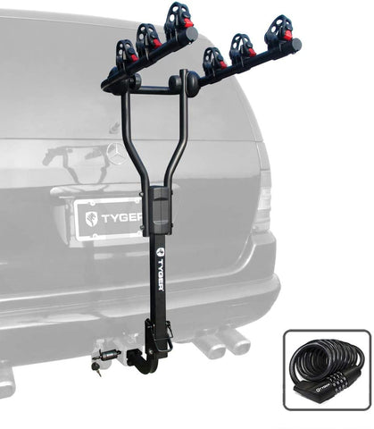 Tyger Auto TG-RK4B102B Deluxe 4-Bike Carrier Rack Compatible with Both 1-1/4'' and 2'' Hitch Receiver | with Hitch Pin Lock & Cable Lock | Soft Cushion Protector