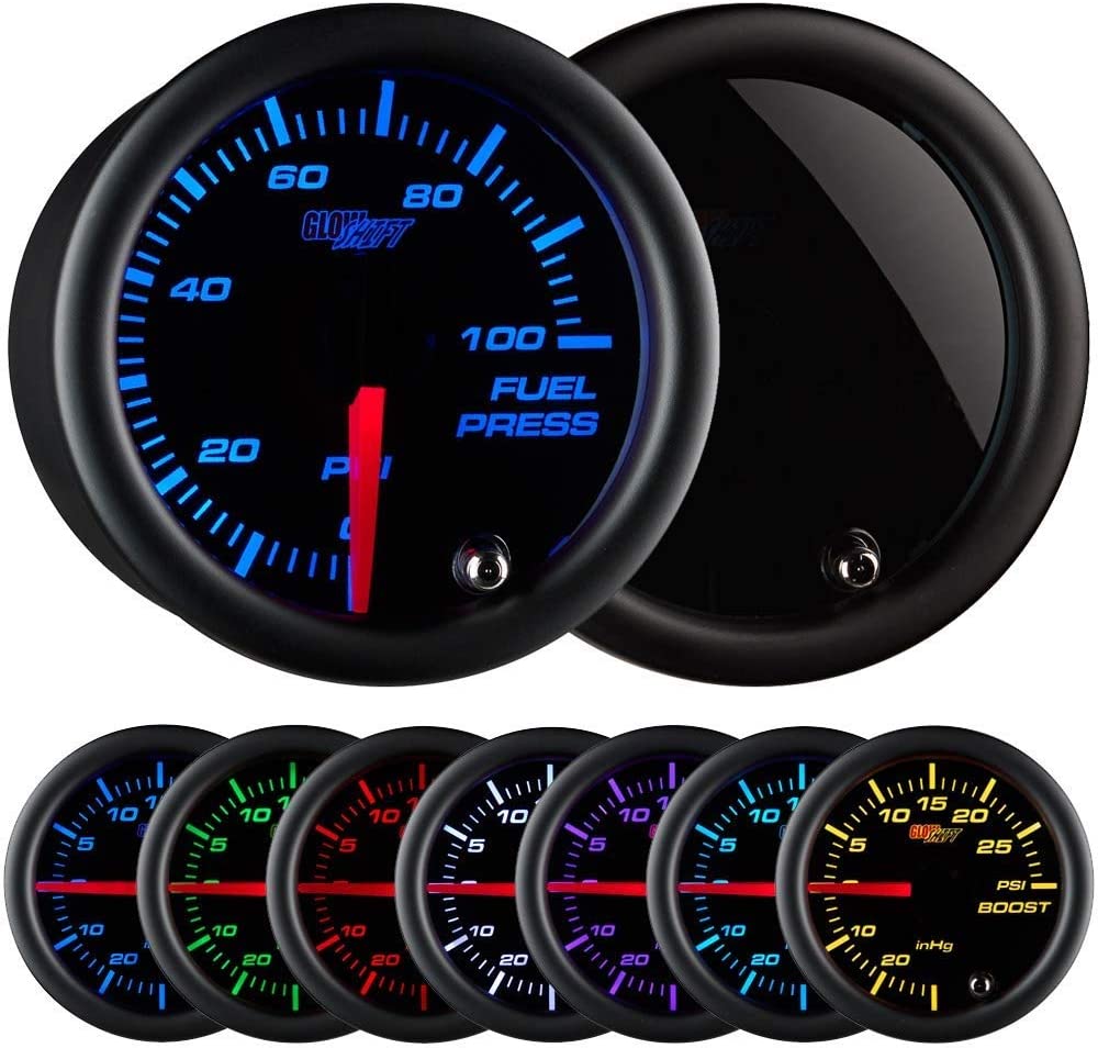 GlowShift Tinted 7 Color 100 PSI Fuel Pressure Gauge Kit - Includes Electronic Sensor - Black Dial - Smoked Lens - For Car & Truck - 2-1/16