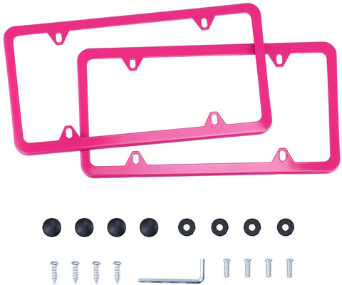 LivTee 4 Holes Stainless Steel License Plate Frames, 2 PCS Car Licence Plate Covers Slim Design with Bolts Washer Caps for US Vehicles, Pink