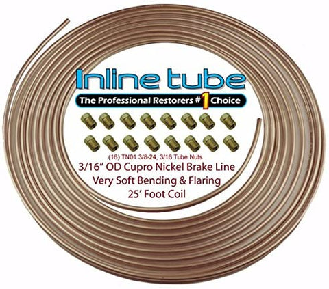 Copper Nickel Brake Line Tubing Kit 3/16 OD 25 Foot Coil Roll & 3/8-24 Fittings (L-5-4 + D-3-12)