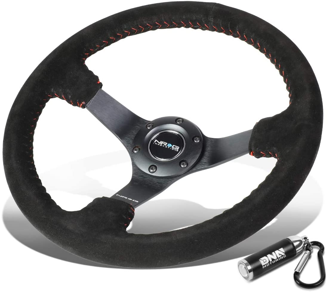 NRG Innovations Reinforced RST-036MB-S-RD 350mm Black Suede Steering Wheel + LED Keychain Flashlight