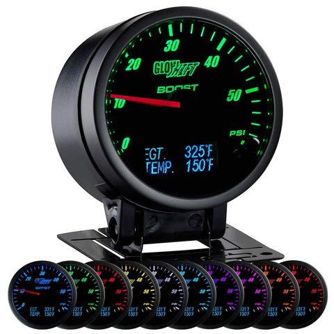 GlowShift 3in1 Analog 60 PSI Boost Gauge Kit with Digital 2200 F Pyrometer Exhaust Gas Temp EGT & 300 F Temperature Readings - 10 Selectable LED Colors - Black Dial - Clear Lens - 2-3/8