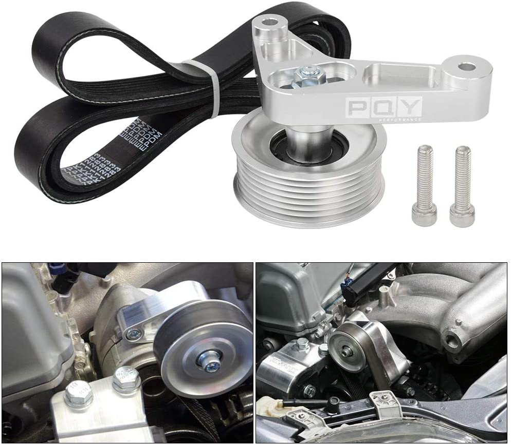 PQY Adjustable EP3 Pulley Kit Compatible with Honda 8th 9th Civic All K24 Engines with Auto Tensioner Keep A/C Installed