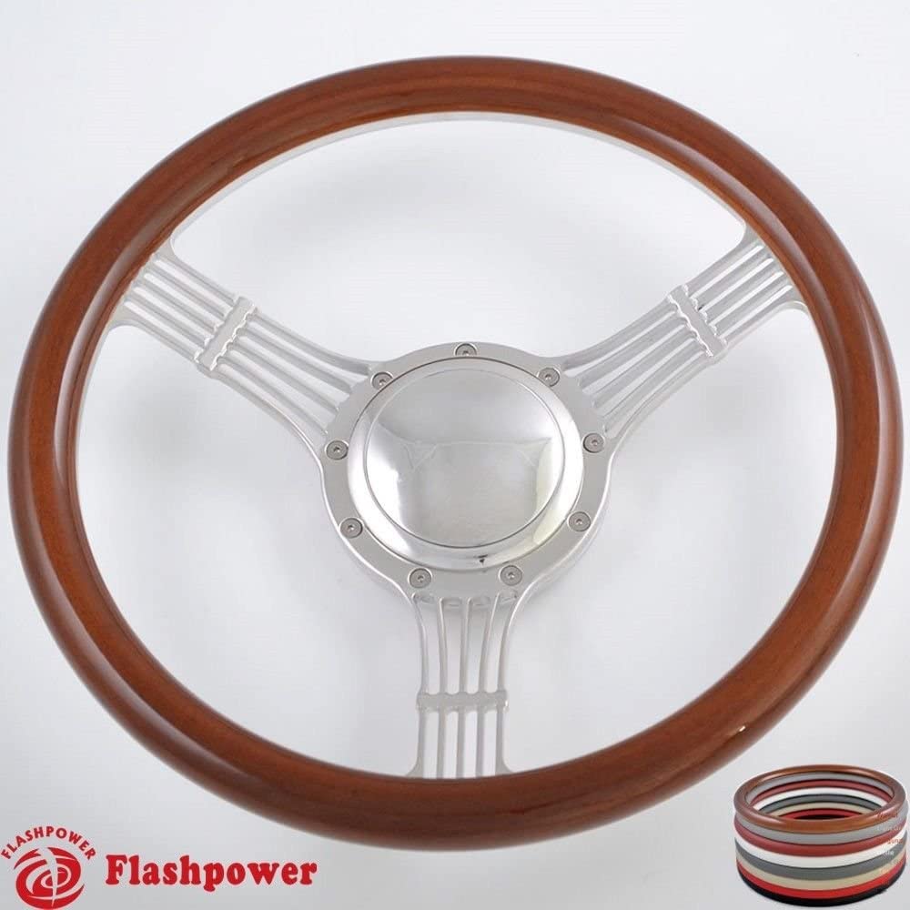 Flashpower 14'' Billet Banjo Full Wrap 9 Bolts Steering Wheel with 2'' Dish and Horn Button (Walnut Wood)