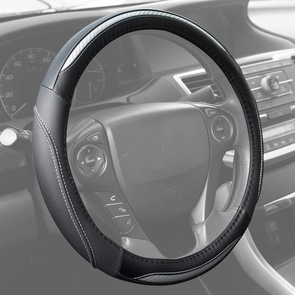 BDK UltraSport Steering Wheel Cover - Perforated Microfiber Leather with Carbon Fiber Detail & Contrast Stitching (Silver Chrome)