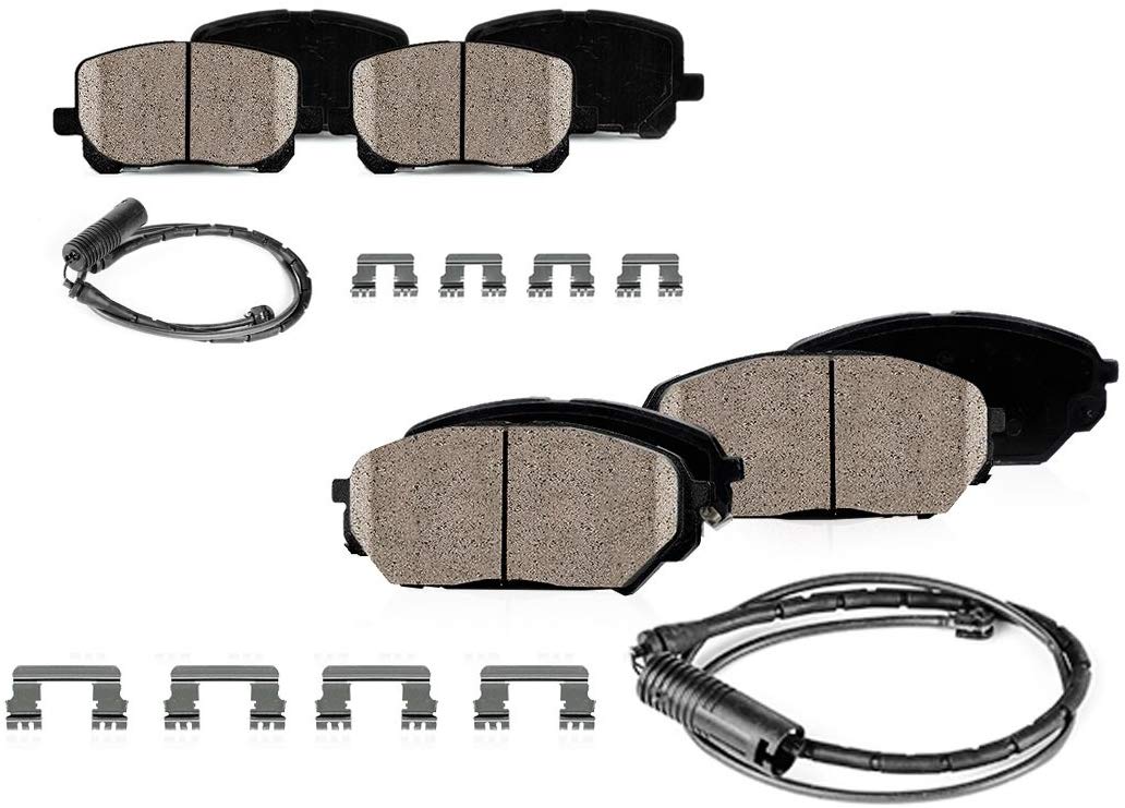 CPK01745 FRONT + REAR Performance Grade Quiet Low Dust [8] Ceramic Brake Pads + [2] Sensors + Hardware