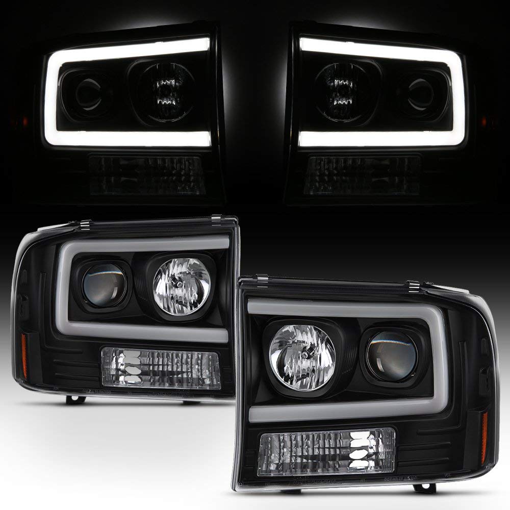 For 99-04 Ford F250 F350 F450 F550 SuperDuty Pickup LED Tube Bar Black Projector Headlights Pair LH+RH