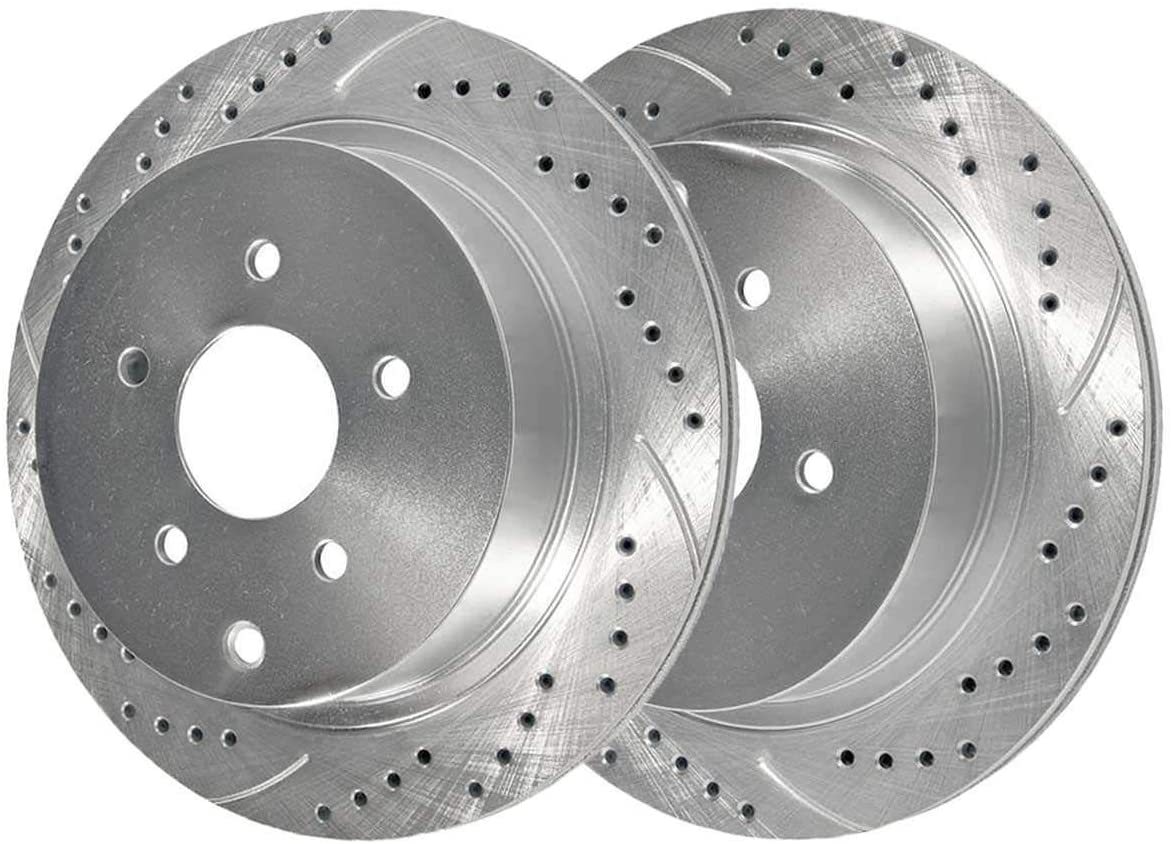 AutoShack PR41350DSZPR Rear Drilled and Slotted Brake Rotor Pair Silver 2 Pieces Fits Driver and Passenger Side