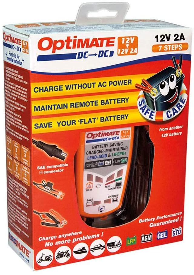 Tecmate Optimate, TM-500, 6-Step 12V/12.8V 2A Sealed DC Battery Saving Charger & maintainer