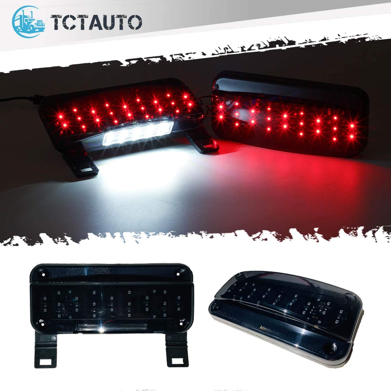 TCTAuto Red LED RV Camper Trailer Stop Turn Brake Tail Lights/License Plate Light Kit with Black Base Smoked Cover Reflex Lens Rectangular Surface Mount Waterproof 12V (Left + Right)