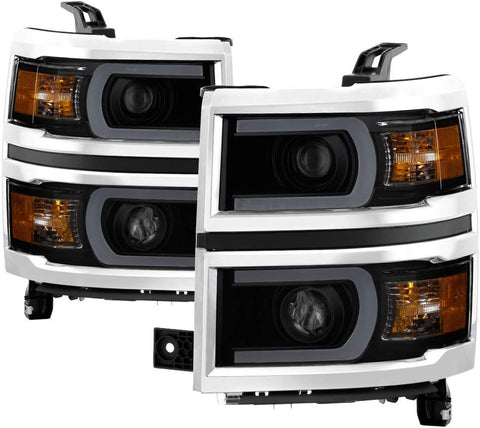 Jdragon for Chevy 14-15 Silverado 1500 Black Smoked LED Tube Projector Headlights LT LTZ WT