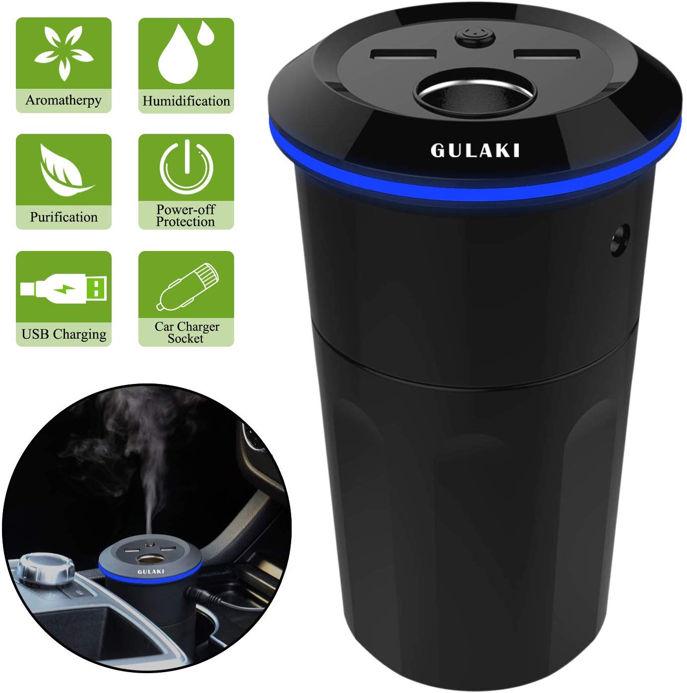 Gulaki Car Diffuser Essential Oils - Multifunction Cool Mist Car Humidifier with 2 USB Port and 1 Car Charger Socket (Black)