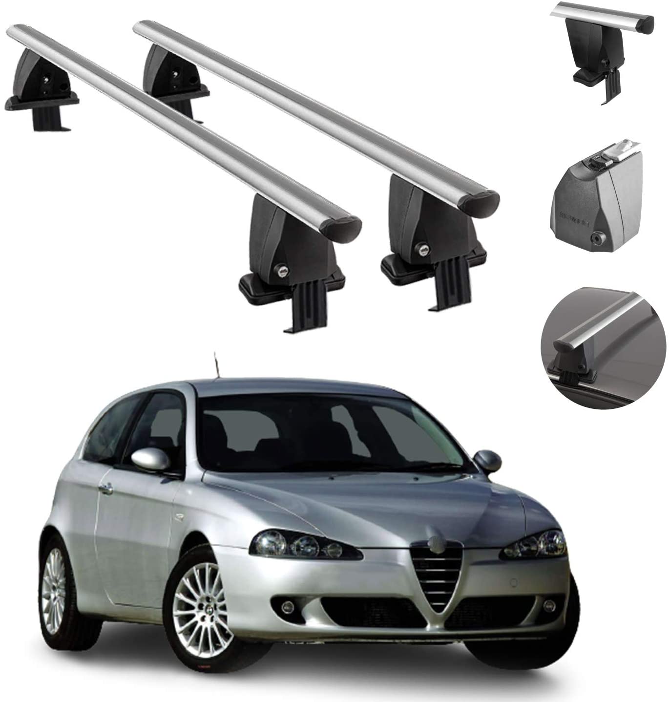 Roof Rack Cross Bars Lockable Luggage Carrier Smooth Roof Cars | Fits Alfa Romeo 147 3Door 2000-2010 Silver Aluminum Cargo Carrier Rooftop Bars | Automotive Exterior Accessories