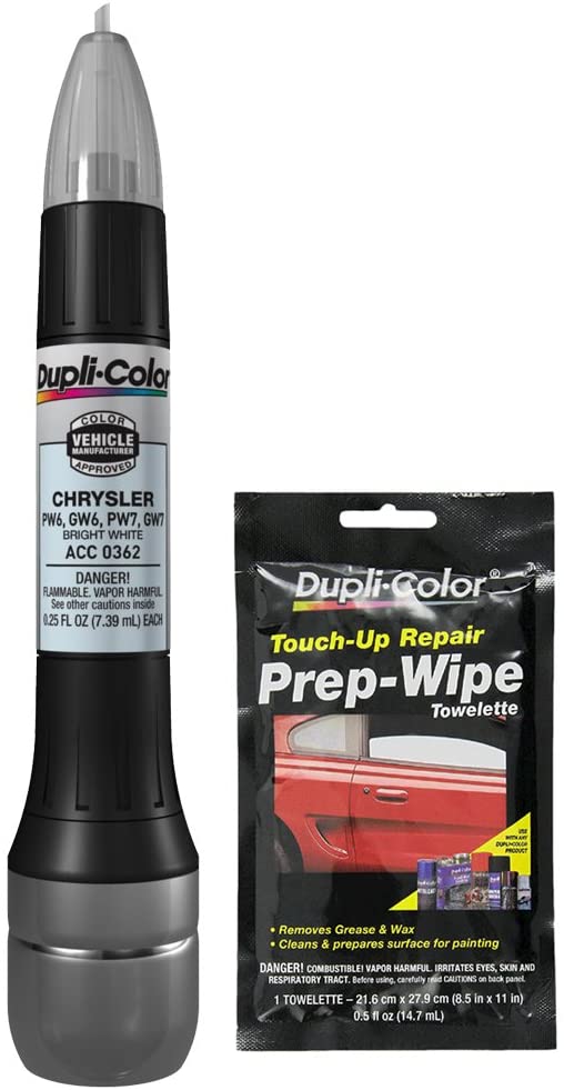 Dupli-Color ACC0362 Bright White Exact-Match Scratch Fix All-in-1 Touch-Up Paint for Chrysler Vehicles (GW6,GW7,PW6,PW7) Bundle with Prep Wipe Towelette (2 Items)