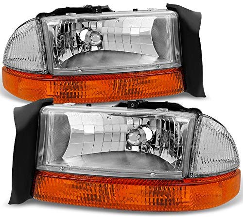 Fits 1997-2004 Dodge Dakota | 98-03 Durango Chrome Driver Left + Passenger Right Side Headlights +Signal Lamp Pair Set