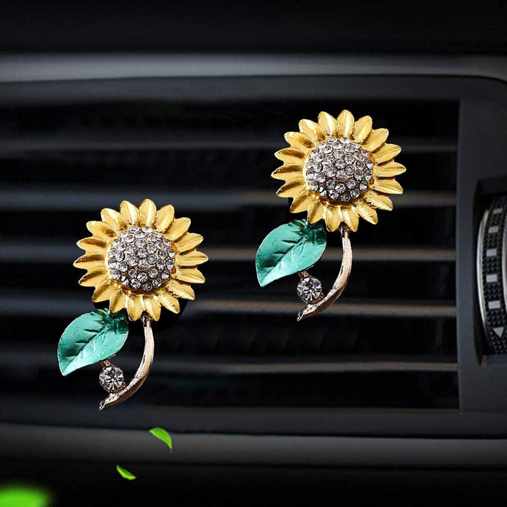 MLOVESIE 2pcs/Pack Bling Bling Car Fragrance Crystal Sunflower Car Diffuser Air Freshener with Vent Clip (2pcs Sunflowers)