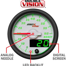 MaxTow Double Vision 30 PSI Fuel Pressure Gauge Kit - Includes Electronic Sensor - White Gauge Face - Green LED Illuminated Dial - Analog & Digital Readouts - for Diesel Trucks - 2-1/16" 52mm