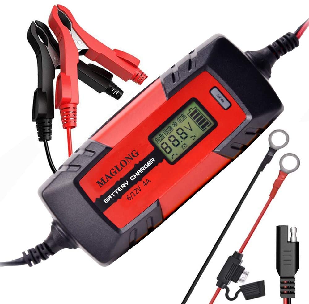 MAGLONG 6V/12V 1-4Amp Smart Automatic Battery Chargers with LCD Display/Automotive Battery Float Chargers Maintainer for Car, Motorcycle, Lawn Mower, Boat, RV, SUV, ATV, Waterproof & Eco Friendly