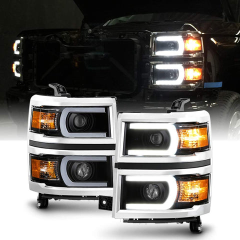 ACANII - For Black 2014-2015 Chevy Silverado 1500 LED DRL [Light Tube] Projector Headlights Driver + Passenger Side