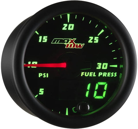 MaxTow Double Vision 30 PSI Fuel Pressure Gauge Kit - Includes Electronic Sensor - Black Gauge Face - Green LED Illuminated Dial - Analog & Digital Readouts - for Diesel Trucks - 2-1/16